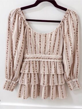 LoveShackFancy Cream and Pink Floral Tiered Long Sleeve Dress